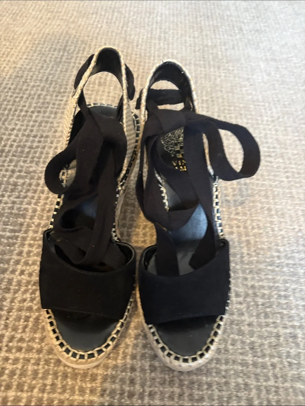 Vince Camuto- Black and Tan Woven Espadrille Wedge Sandals Ankle Ties size 6 1/2